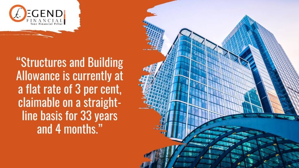 “Structures and Building Allowance is currently at a flat rate of 3 per cent, claimable on a straight-line basis for 33 years and 4 months.”